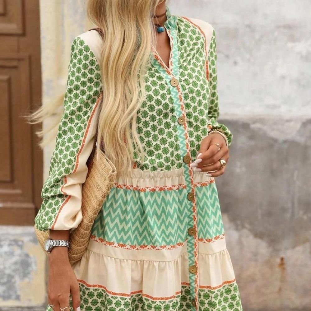 Patchwork boho Women's XL coastal tiered Dress cream green ruffled neckline tier
